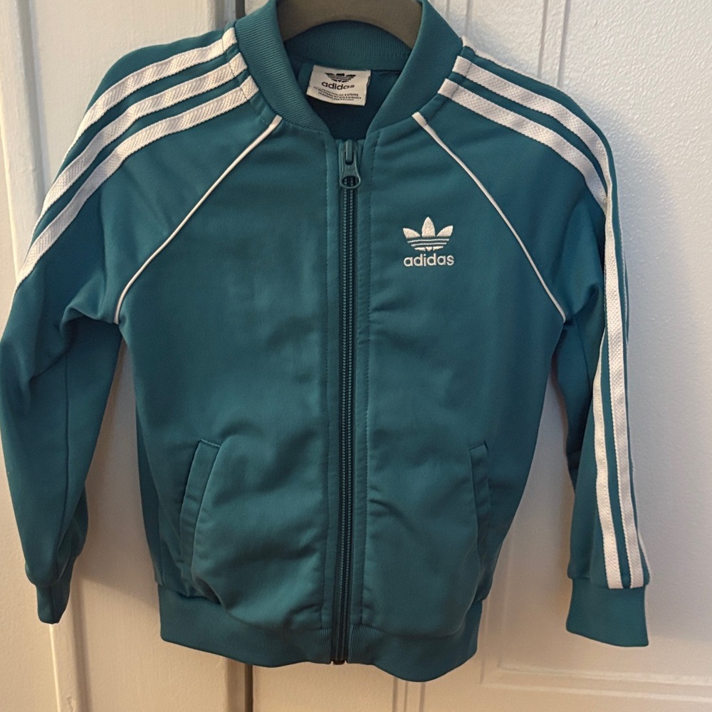 Adidas Kids Jacket and pants warm-up suit in Teal with White Stripes size 2T - Picture 3 of 7